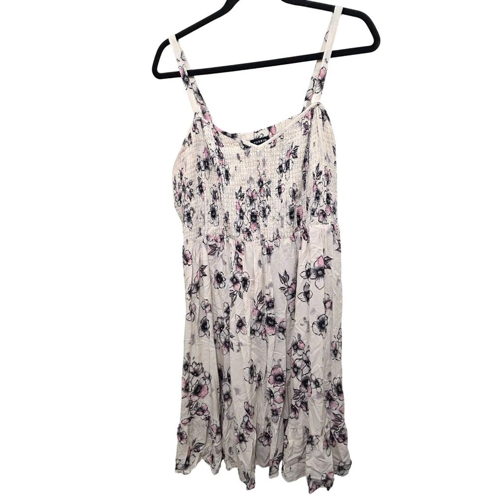 Torrid Floral Print Ivory Pink & Black Spaghetti Strap Sundress Smocked Bodice &